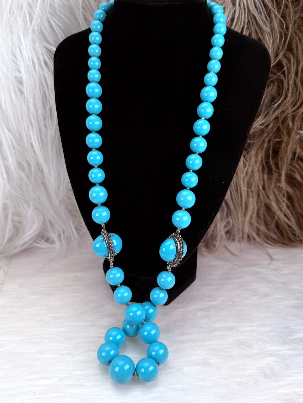 Vintage Miriam Haskell Signed Turquoise Blue Bead Long Statement Necklace